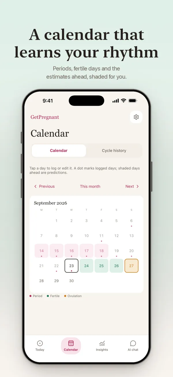 Calendar screen: logged period days, the shaded fertile window and the estimated ovulation day for the month