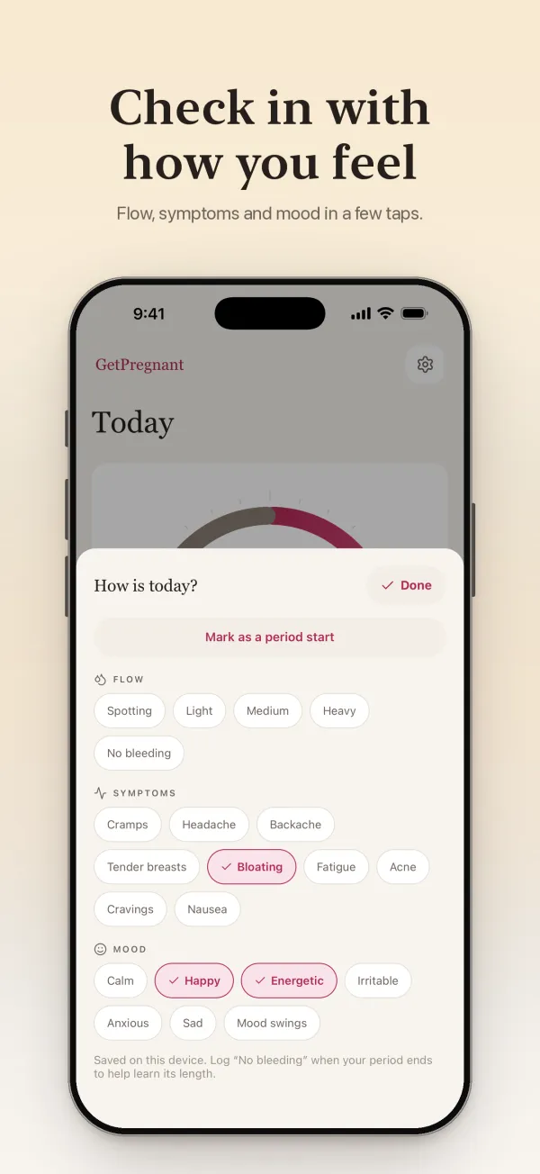 Daily check-in: flow, symptoms such as bloating and mood logged in a few taps